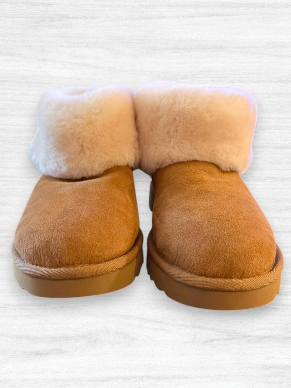 UGG Classic Mini Fluff Chestnut Sheepskin Boots Women’s 9 Foldover Cuff - Picture 2 of 10
